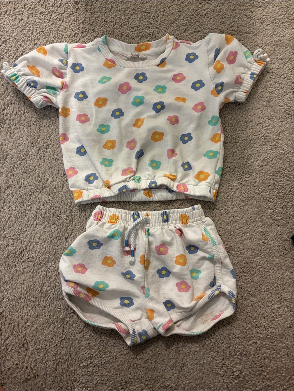 Jessica Simpson White Floral Short Set with Pink, Blue & Yellow Flowers